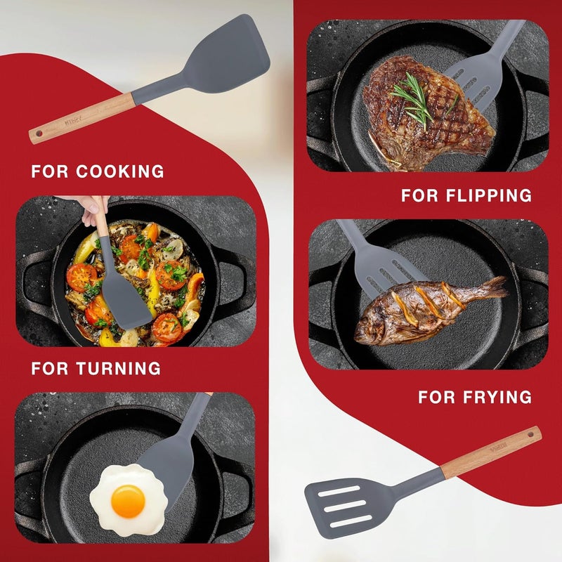 Rifsa Pack of 2 Silicone Spatula, Non Stick Slotted Spatulas with Wooden Handle, Ideal Wood Kitchen Utensils Set for Frying, Baking, Flipping & Turning, Heat Resistant Silicone Turner for Non Stick Cookware - Image 3